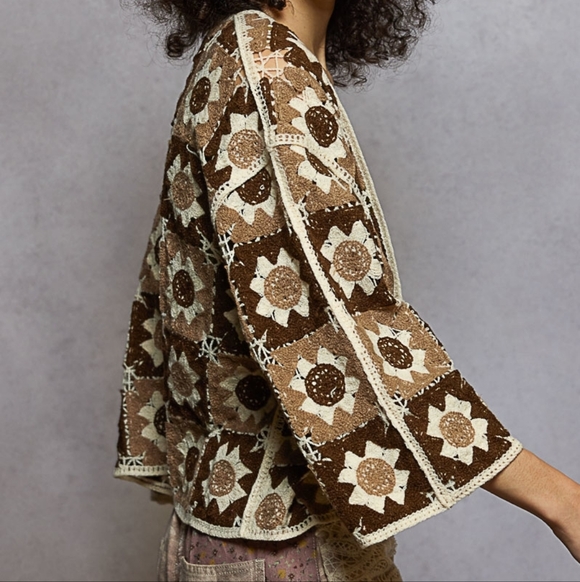 POL Floral Granny Square Crochet Cardigan Retro Boxy Open Front Sweater Openwork - Picture 12 of 16